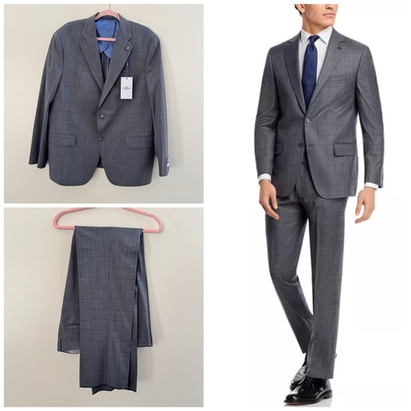 NWT Hart Schaffner Marx Gray Blue Plaid New York Fit 2pc Suit Jacket Pants - Picture 1 of 16